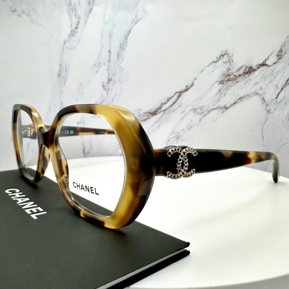 New CHANEL Eyeglasses Brown Gold Chain CC Square Acetate Womens - Picture 4 of 16